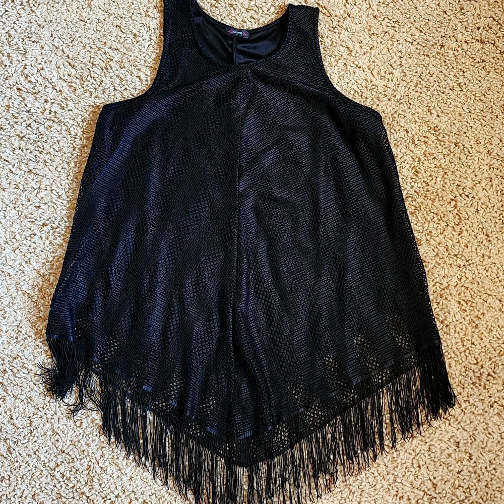 Black Lined Woven Lace Overlay Bottom Fringe Women's Dressy Blouse Top Tunic